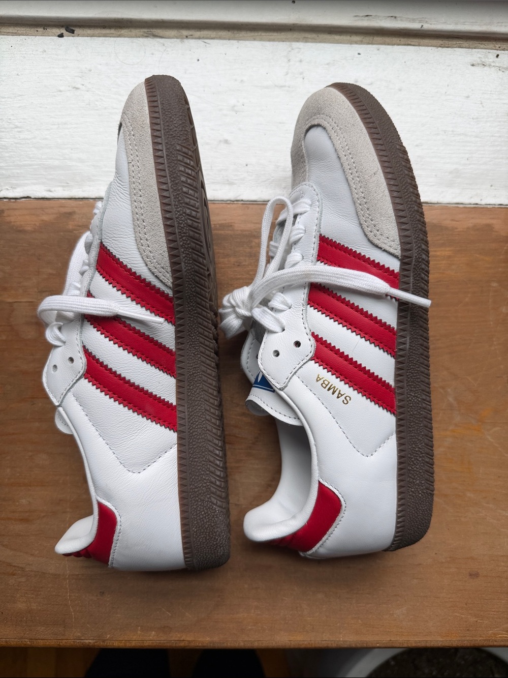 adidas Samba Sneakers - White with Red Stripes and Gum Sole - Picture 3 of 8